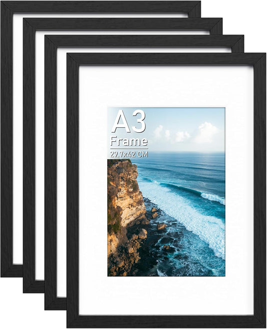 4 Pack A3 Picture Frames, Black Wooden Photo Frames with Mount for A3/A4 Prints, Shatterproof Plexiglass, Wall Mountable Portrait or Landscape for Home Office Decor, Gallery Walls