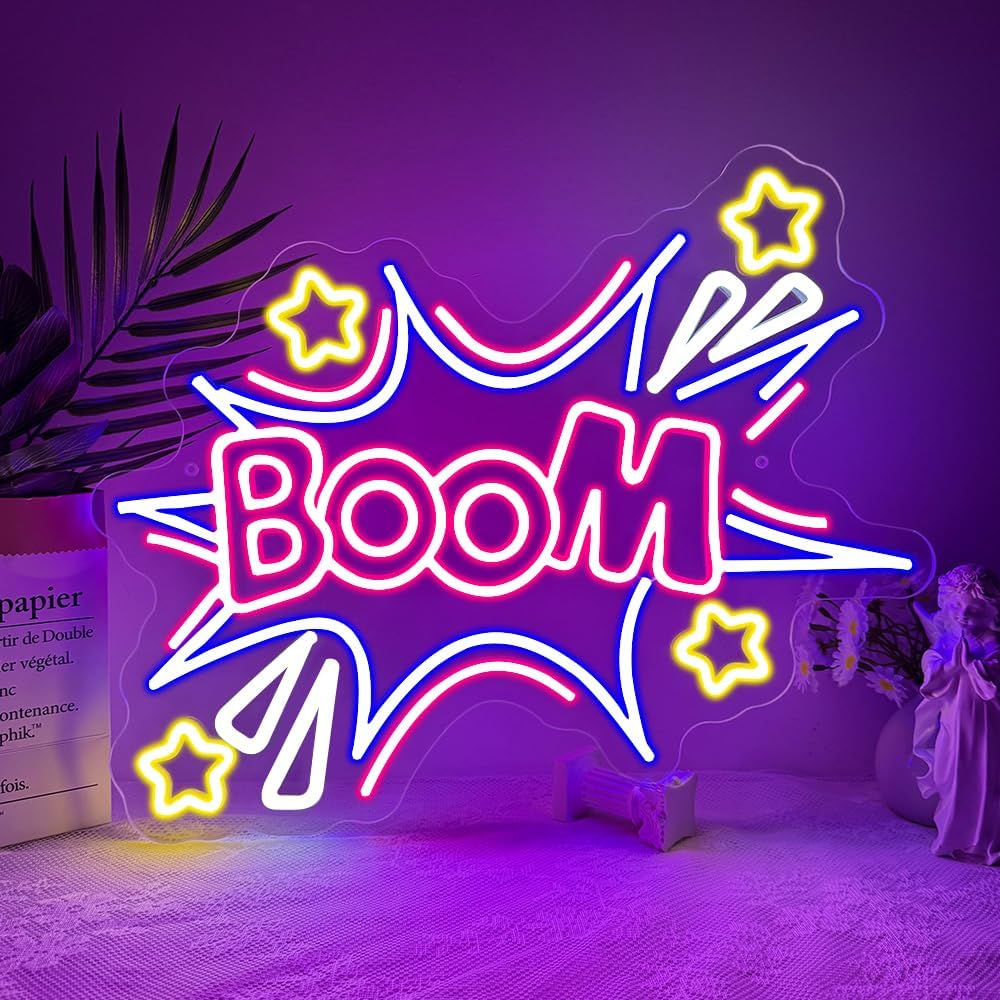 Boom LED lights,Cool Anime Neon Light Sign for Wall Art Decor,Star Backdrop for Game Room Bedroom Club Party Man Cave,Colourful Dimmable Game Neon Sign Gift for Teen Men Women USB Powered（12.4"*16.7"）