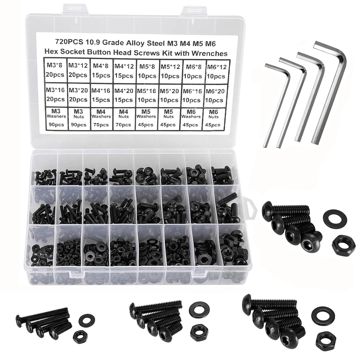 720Pcs Bolts and Nuts Set,M3 M4 M5 M6 Button Head Machine Screws,ISO 7380 Allen Screws,Black Hex Bolts and Washers Set 10.9 Grade Alloy Steel Fully Threaded with 4 Allen Key.