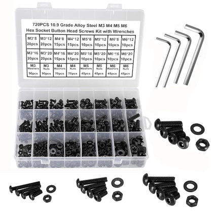 720Pcs Bolts and Nuts Set,M3 M4 M5 M6 Button Head Machine Screws,ISO 7380 Allen Screws,Black Hex Bolts and Washers Set 10.9 Grade Alloy Steel Fully Threaded with 4 Allen Key.