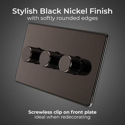 BG Electrical Intelligent Triple Wall Dimmer Switch, 2 Way, Screwless Front Plate, Premium Flatplate, Black Nickel, 200W, FBN83