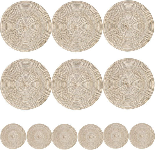 12PCs Round Woven Placemats,Table Place Mats and Coasters Sets - Non slipHeat Resistant Washable Tableware Round Dining Table Mats
