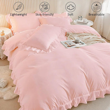 2 Pieces Single Pink Ruffle Bedding Set Ruffle Frills Duvet Cover Set Soft Microfiber Duvet Cover 135 x 200 cm