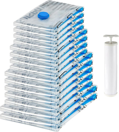 Amazon Basics Vacuum Compression Zipper Storage Bags with Airtight Valve and Hand Pump, 15-Pack, 2x X-Jumbo, 5x Jumbo, 4x (Large, Medium), 15 count (Pack of 1), Multiple, Clear