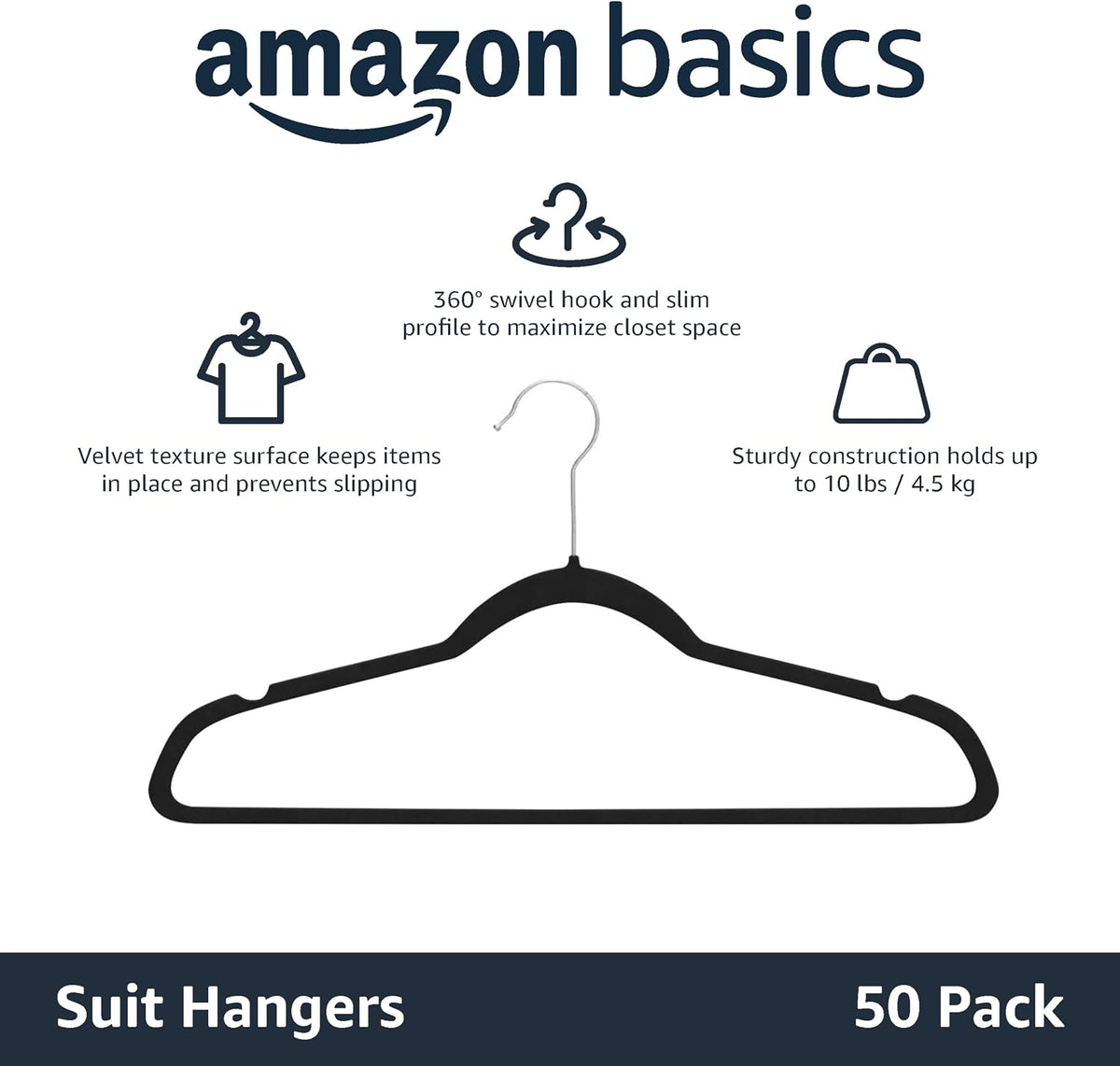 Amazon Basics Slim Velvet Non-Slip Suit Hangers - Pack of 15, Black