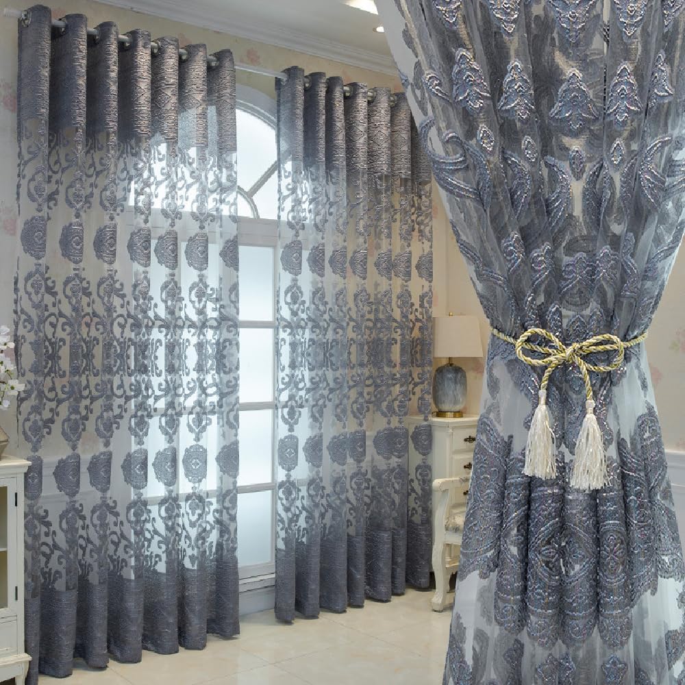 Amidoudou 1 Pair Luxury European Sheer Curtains Hollow Embroidered Tulle Curtains for Bedroom Living Room (Gray,63x90 Inch)
