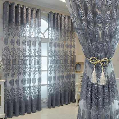 Amidoudou 1 Pair Luxury European Sheer Curtains Hollow Embroidered Tulle Curtains for Bedroom Living Room (Gray,63x90 Inch)