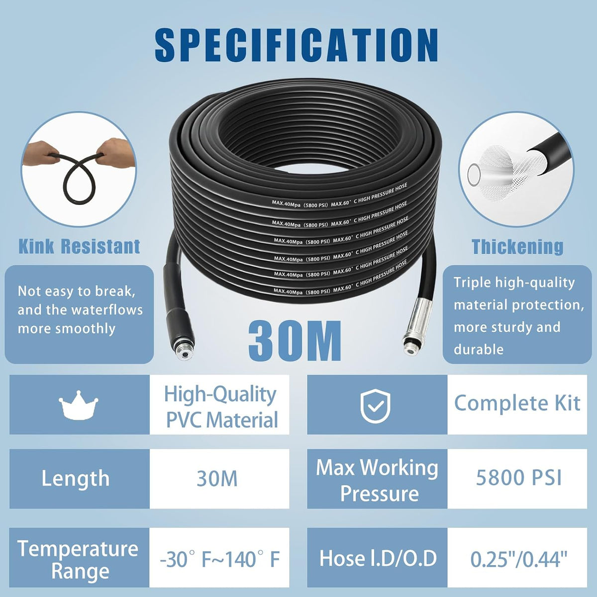 30M Kink Resistant Pressure Sewer Jetting Hose Kit with 2 Types Jet Nozzle & 4 Replacement Adapters, 5800 PSI Washer Drain Pipe Hose Cleaning Kit Compatible with Karcher K2-K7 and Bosch AQT