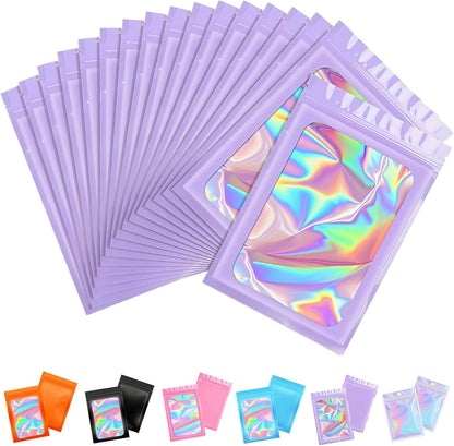 50pcs Holographic Mylar Bags 20x30cm - Purple Resealable Smell Proof Pouches for Lipgloss, Jewelry, Eyelash, Food Storage With Grip Foil Ziplock