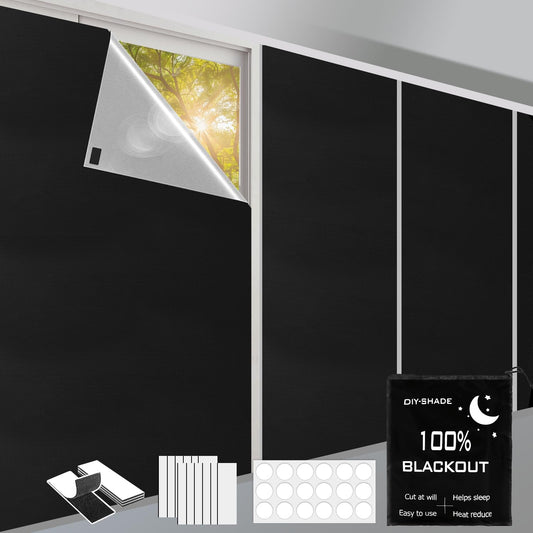 Blackout Blinds Stick on 300x145cm, 420D Blackout Curtain for Window, No Drill Film for Bedroom, Cut to Any Size, Portable Black Out Blinds for Travel Temporary, 12 Velcro, 18 Adhesive Tapes