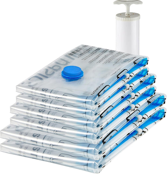 Amazon Basics Multiple Vacuum Compression Zipper Storage Bags with Hand Pump, 6-Pack (2 Jumbo, 2 Large, 2 Medium), Transparent
