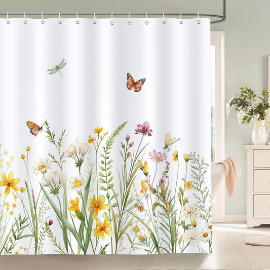 Bonhause Spring Floral Shower Curtain Yellow White Wildflowers Plant Butterfly Bathroom Curtain 180 x 180 cm Waterproof Mildew & Mould Resistant Polyester Fabric Bath Curtain with 12 Hooks