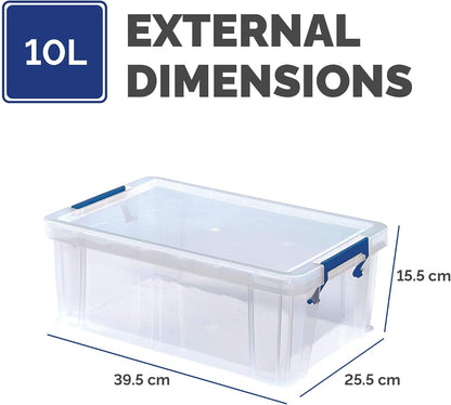 Bankers Box 10L Plastic Storage Boxes with Lids. ProStore Super Strong Plastic Storage Boxes (14 x 34 x 21.5cm), Made in the UK, Clear