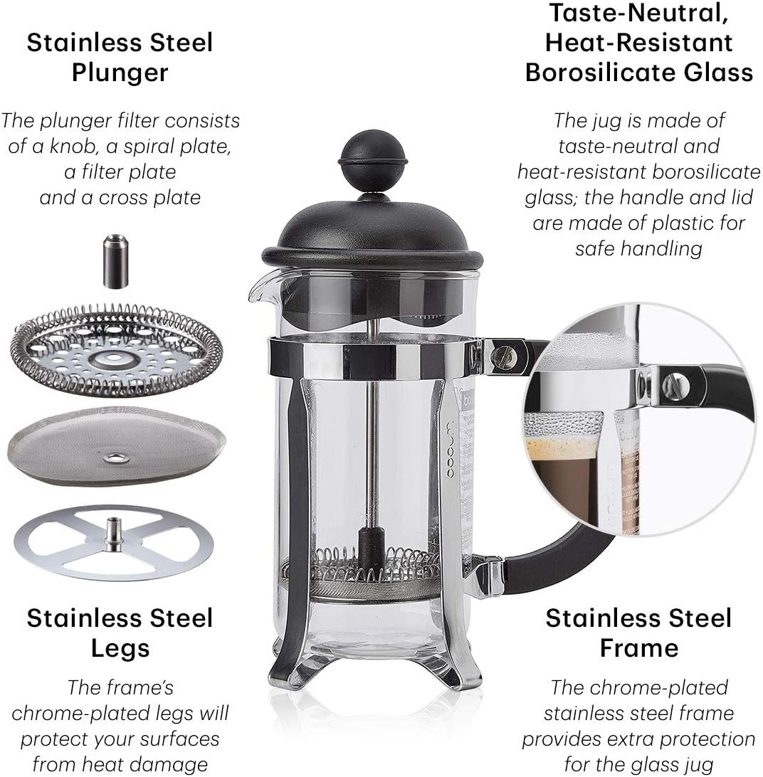 Bodum French Press Caffettiera White - 350ml / 3 Cup Coffee Maker - Durable Glass & Stainless Steel Filter - BPA-Free Dishwasher Safe Percolator - Cafetiere Made in Portugal