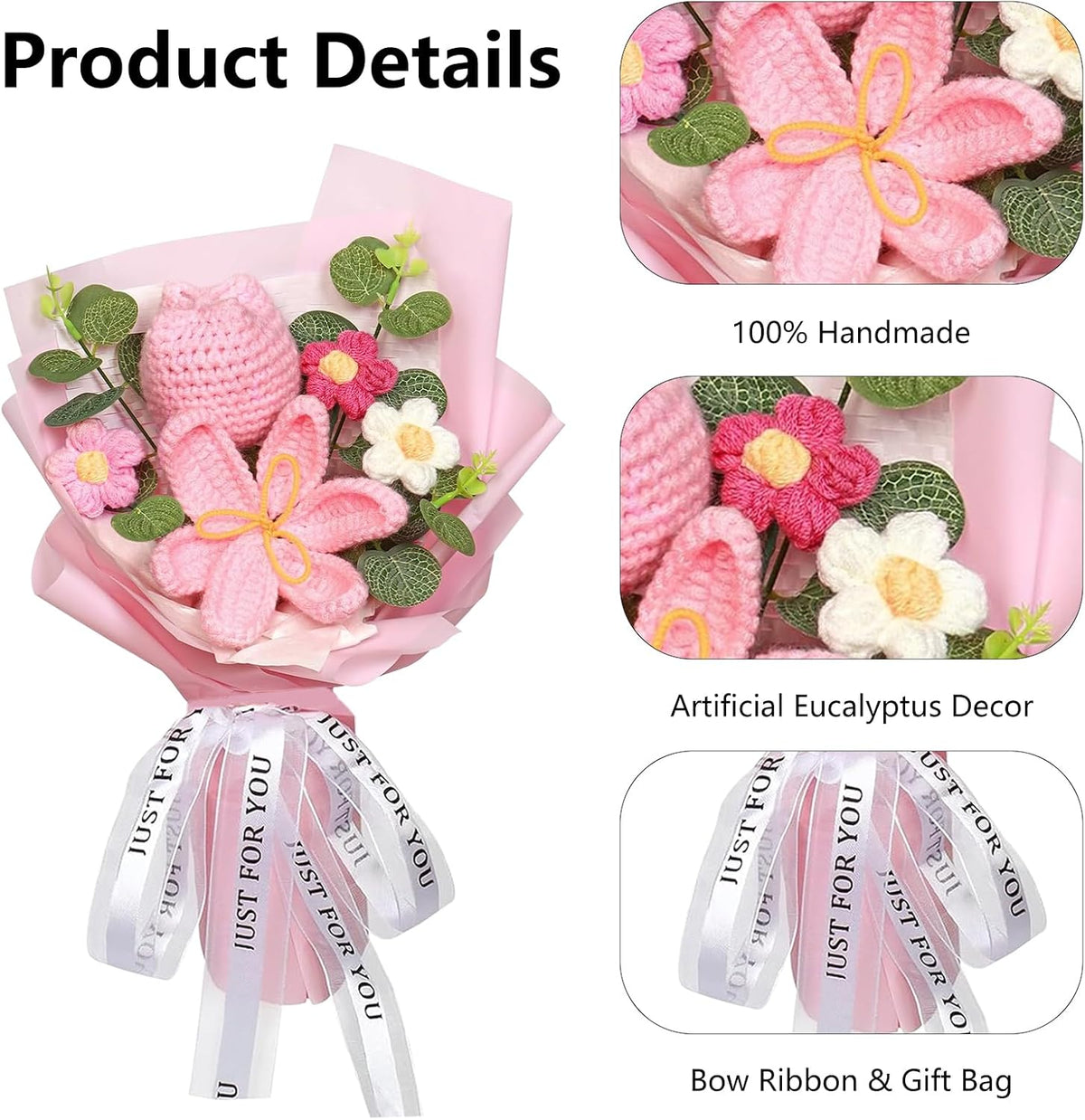 Crochet Bouquet Tulips Artificial Flowers Gifts for Women, Pink