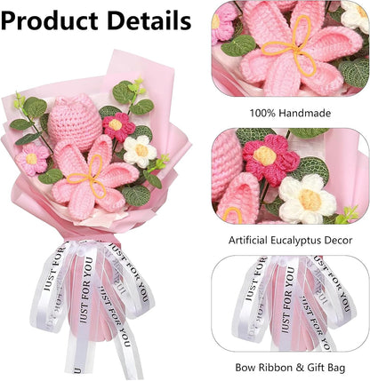 Crochet Bouquet Tulips Artificial Flowers Gifts for Women, Pink