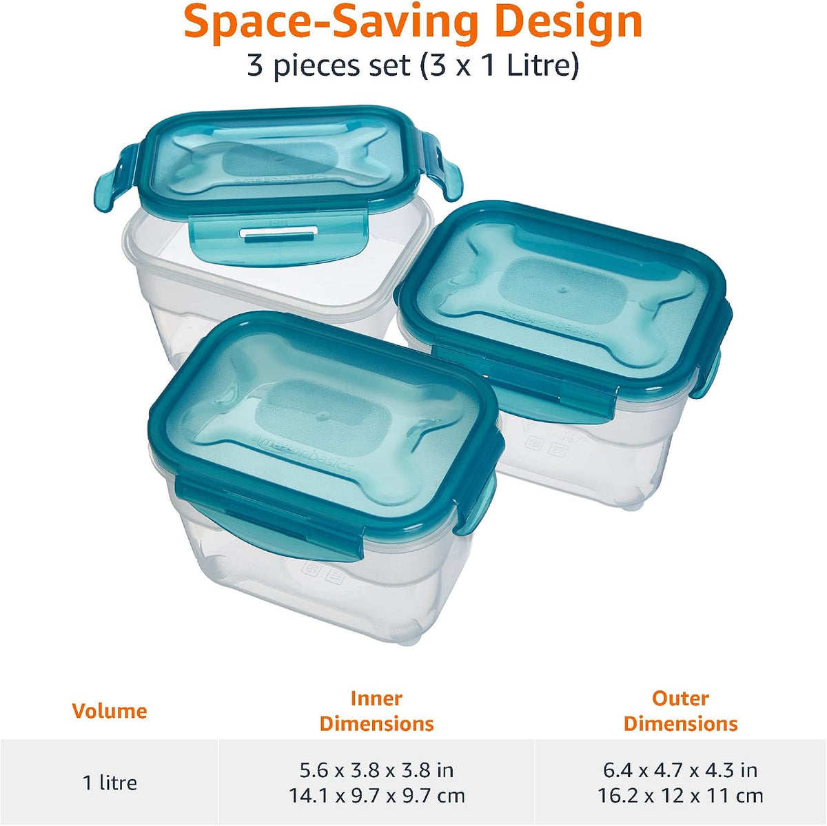Amazon Basics Air-Locked Leak-Proof, Stackable & Airtight Fridge/Freezer Containers with Lids, BPA-Free Plastic, Microwave and Dishwasher Safe 3-Piece Food-Storage Set, 3 x 1 l, Clear