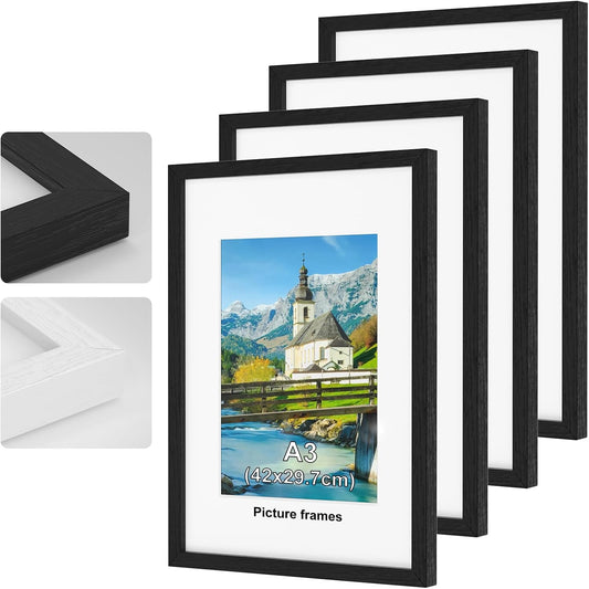 A3 Picture Frame 4 Pack, Black Wooden A3 Frame with A4 Mount for 42 x 29.7 cm Photo, Only Wall Hanging, Plexiglass, Horizontal or Vertical Wall Mounting, Bedroom and Living Room Decoration