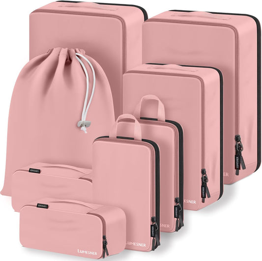 Compression Packing Cubes, Lumesner 8 Set Travel Essentials Packing Cubes for mmCarry on Suitcases, Compression Suitcase Organizers Bag Set & Travel Cubes (8-piece, Pink) | Compression Zipper, Water Resistant, Durable Fabric, Multi Size, Carry On Friendly