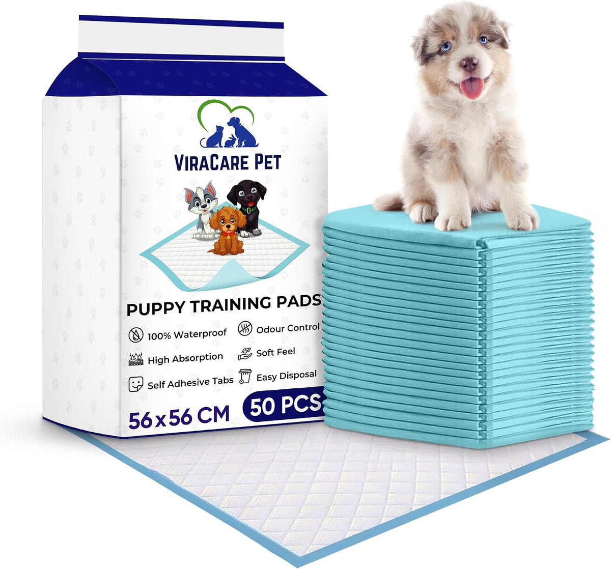 50 x Puppy Training Pads 56x56cm, Dog Pee Pad, Self Adhesive Tabs
