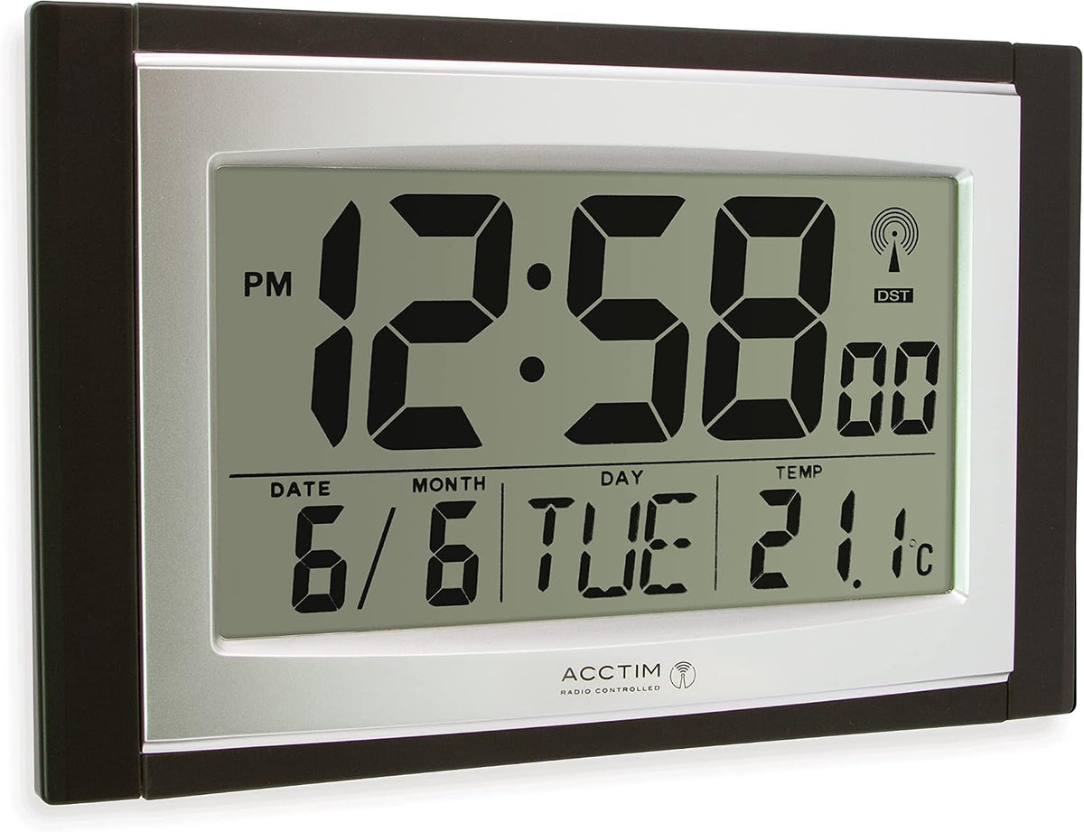 Acctim Stratus radio controlled digital wall and desk clock with LCD display showing date day and temperature, battery powered kitchen or office clock with tabletop or wall mounting in black