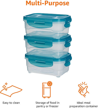 Amazon Basics Air-Locked Leak-Proof, Stackable & Airtight Fridge/Freezer Containers with Lids, BPA-Free Plastic, Microwave and Dishwasher Safe 3-Piece Food-Storage Set, 3 x 0.6 liter, Light Blue