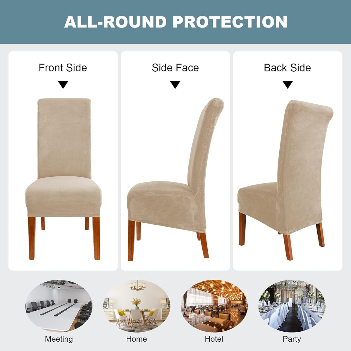 CMAKER Velvet Dining Chair Covers, Stretch Large Chair Slipcover, Spandex High Back Chairs Cover Elastic Washable Removable XL Chair Protector,Set of 2,Beige