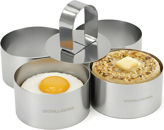 Andrew James Cooking Rings | Set of 4 Stainless Steel Cake Rings for Moulding & Presentation | Egg Rings Set Includes Food Press | Food Moulds for Freezer, Oven & Dishwasher Safe (4cm x 9cm)