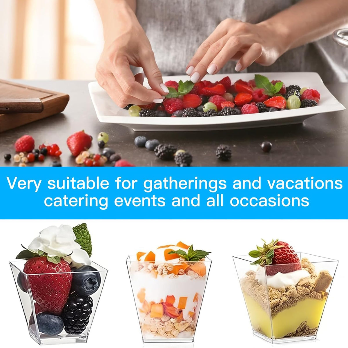 50 Pcs Mini Dessert Cups, with Spoons, 2oz/60ml Clear Square Cups, Reusable Cheesecake Pots for Pudding Mousse Ice Iream