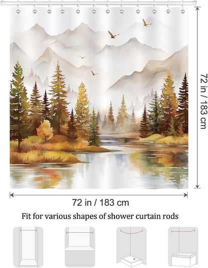 Bonhause Misty Forest Shower Curtain, Orange Pine Tree Woodland Nature Bathroom Curtain 180 x 180 cm Waterproof Mildew and Mould Resistant Polyester Fabric Bath Curtain with 12 Hooks