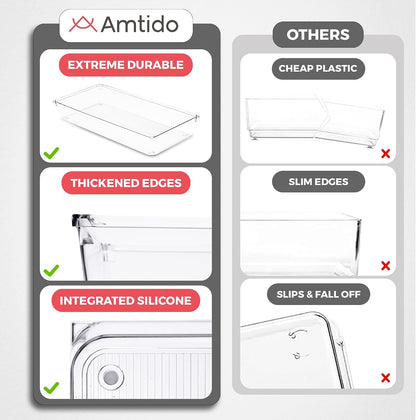 Amtido 2 Pack Drawer Organisers - Sturdy Clear Plastic Storage - Versatile Storage for Kitchen Cutlery, Bathroom, Utensils, Makeup, Office, and Desk Accessories (15.2cm x 30.5cm x 5.1cm)