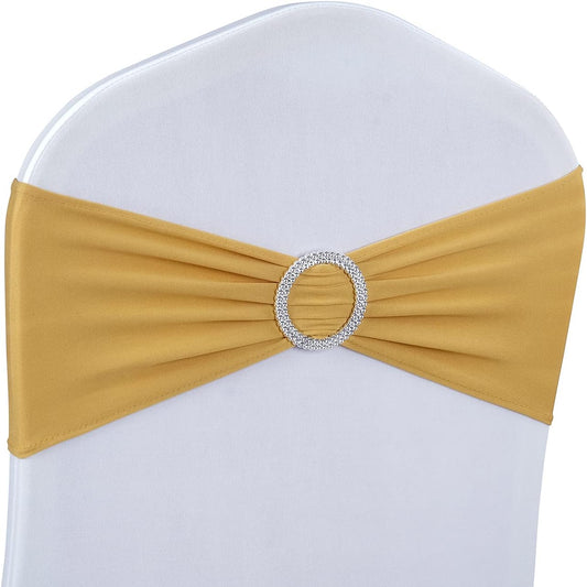 Babenest Spandex Chair Sashes Bows 50PCS Premium Stretch Chair Cover Band with Buckle Slider Universal Elastic Chair Ties for Wedding Party Ceremony Reception Banquet Decoration (Gold)