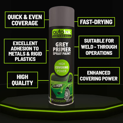 Autotek Professional High Covering Power Spray Paint, Grey Primer, 500 ml