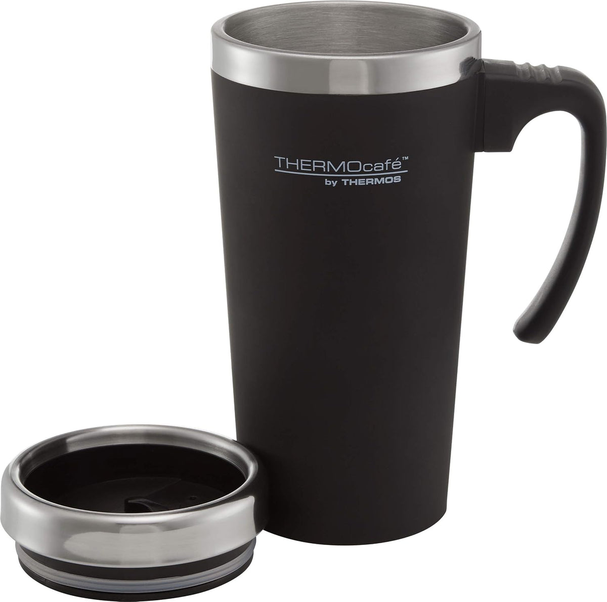 THERMOcafè by THERMOS 420 ml Plastic and Stainless Steel Soft Touch Travel Mug, Black
