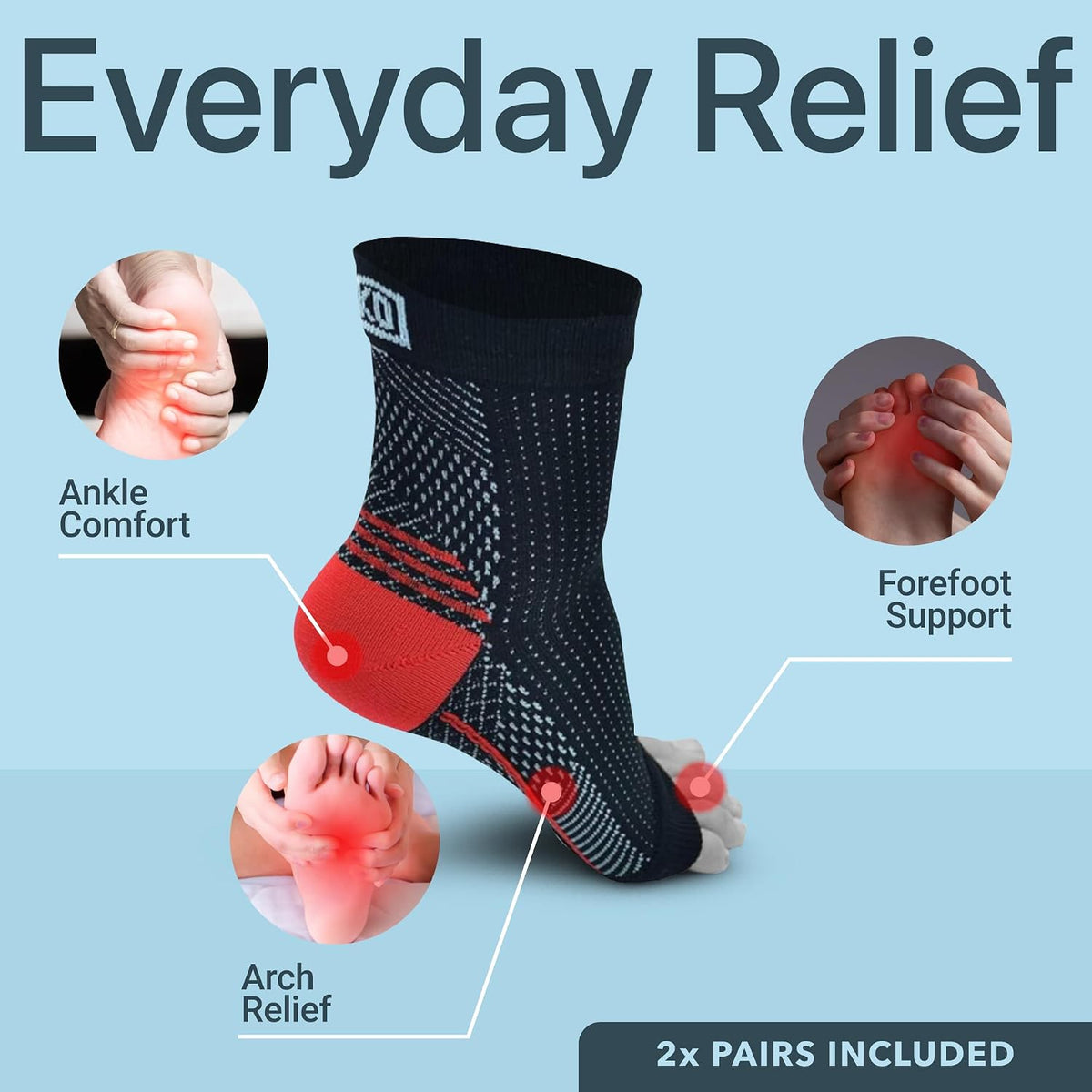 Atlecko Plantar Support & Relief Socks Kit - 11-Pieces, 2 PAIRS Plantar Fasciitis Socks - Comfortable Quality Compression (S/M)