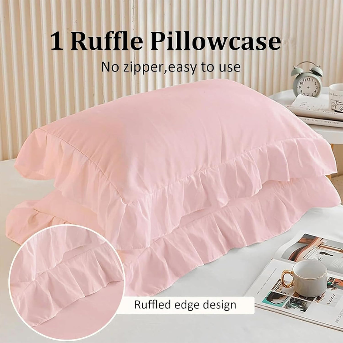 2 Pieces Single Pink Ruffle Bedding Set Ruffle Frills Duvet Cover Set Soft Microfiber Duvet Cover 135 x 200 cm