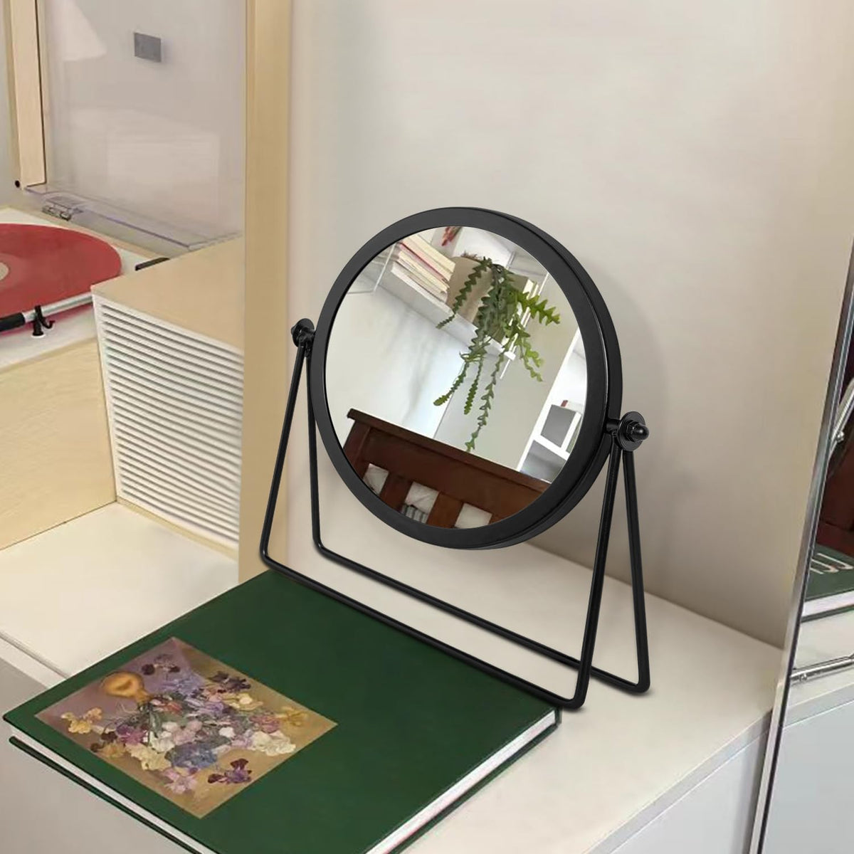 JJUUYOU Desk Mirror with Metal Framed Round Tabletop Mirror 360°Rotation Small Makeup with Stand Mirrors for for Office Dorm Room Cosmetic Black