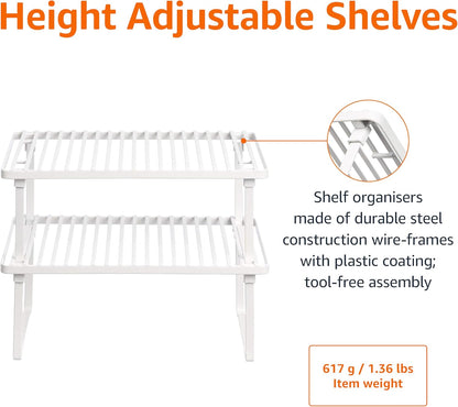 Amazon Basics Stackable Kitchen Storage Shelves, Pack of 2, 20.3 D x 31.6 W x 11.4 H cm, Metal, White | Stackable
