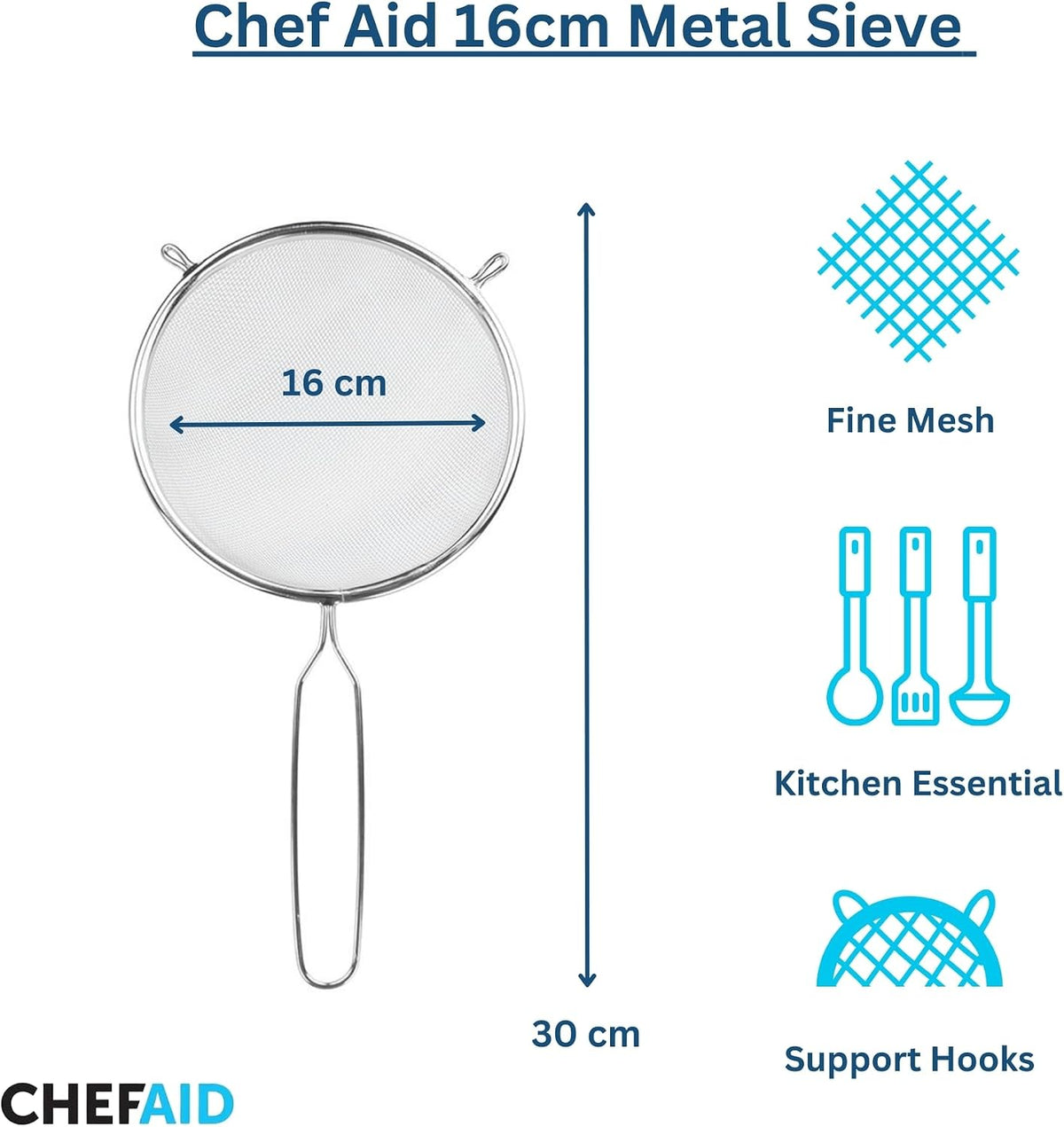 Chef Aid 16cm Long Handled Metal Sieve, Kitchen Essential Tool and Ideal for Straining, draining, Washing and Wide Range of Foods, with a fine mesh for Ease of use