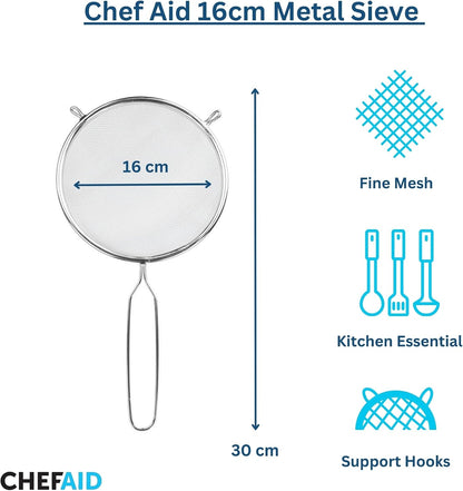 Chef Aid 16cm Long Handled Metal Sieve, Kitchen Essential Tool and Ideal for Straining, draining, Washing and Wide Range of Foods, with a fine mesh for Ease of use