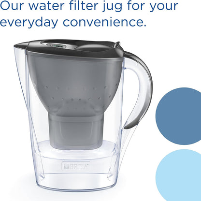BRITA Water Filter Jug MAXTRA Marella, 3x Pure Performance cartridges | Graphite (2.4L) fridge-fitting pitcher with digital LTI, Flip-Lid, reduces PFAS, chlorine, metals & more (SmartBox packaging)