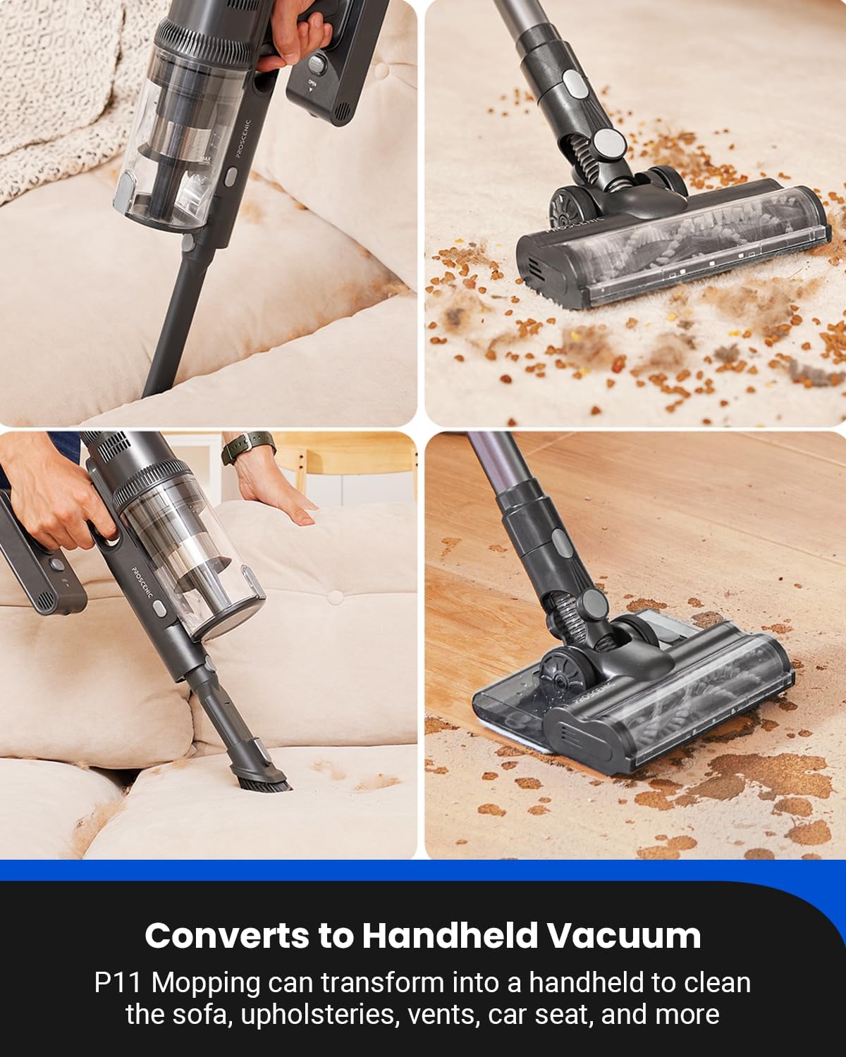 Proscenic Cordless Vacuum Cleaner, Vacuum and Mop Combo All in one, 550W 45Kpa 60Mins Lightweight Stick Vacuum with LED Display, Rechargeable Hoover Cordless for Floors Pet Hair Carpet, P11 Pro