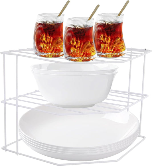 ASelected Corner Plate Rack, 3 Tier Plate Stacker for Cupboards, 23x23x20cm Metal Corner Plates Stand White Plates Racks for Cupboard, Kitchen
