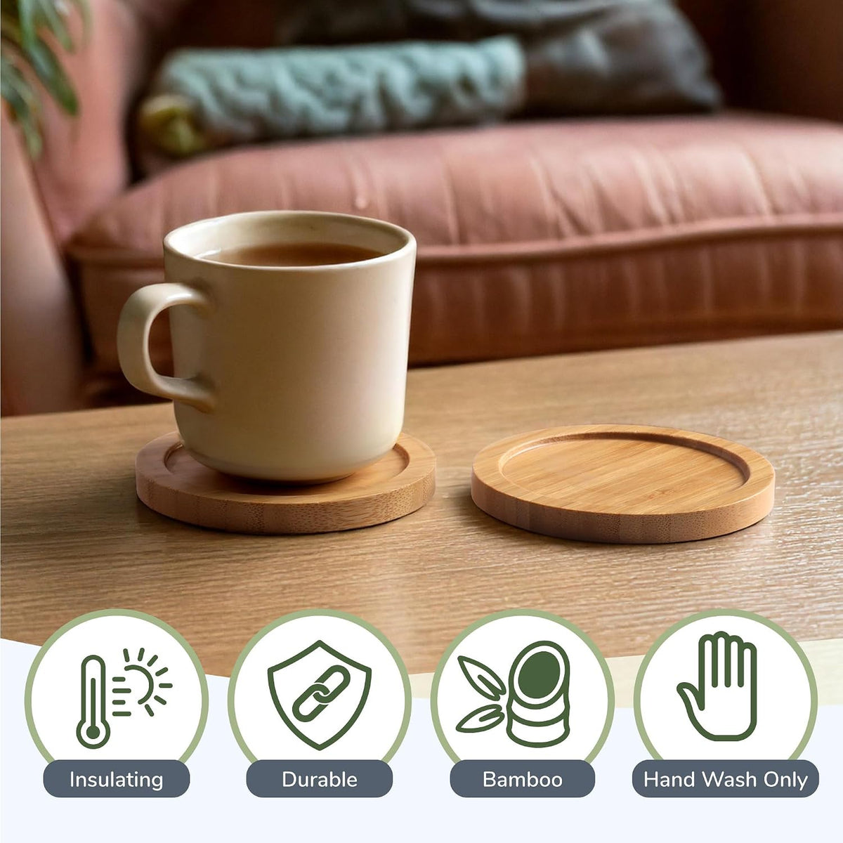 BambooMN Heavy Duty 100% Eco-Friendly Natural Bamboo Coasters - 3.75" - Round - 4 Piece Coaster Set