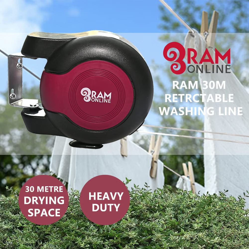 Ram® 30 metre Retractable Reel Clothes Lines Washing Line with Twin Cable - Wall Mounted Heavy Duty Clothes Dryer 2 x 15m Lines of Drying Space, Burgundy