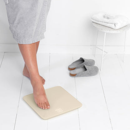 Brabantia - ReNew Digital Bathroom Scale - Battery Powered - Glass Weighting Scale weighs up to 397 lb - Accurate System - Soft Non-Slip Feet - 4x AAA Batteries Included - Soft Beige - 30 x 30 cm