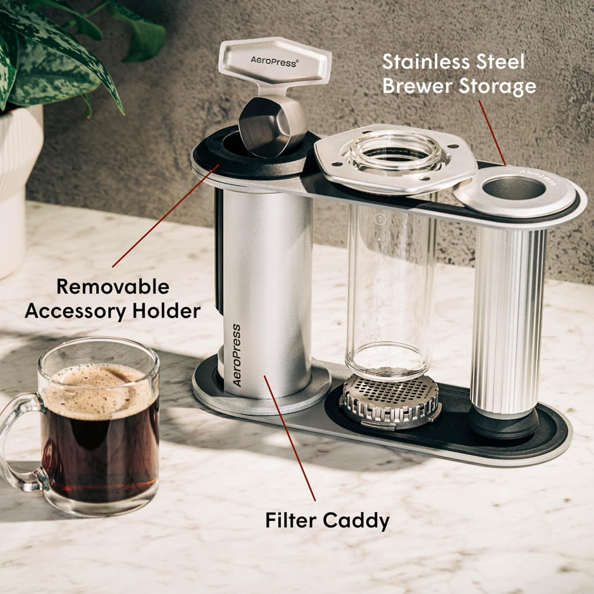 AeroPress Stainless Steel Organizer Stand, Organizing Caddy & Accessories Station with Storage Rack for Filters, Holder Fits Premium, Clear & Original Coffee Maker