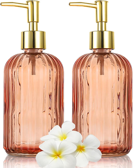 2 Pack Versatile Glass Soap Dispenser Bottle with Pump, 17 Oz Dripless Pump Bottle, Refillable Liquid Hand Jar Dispenser for Bathroom, Countertop, Kitchen, Laundry Room - Amber