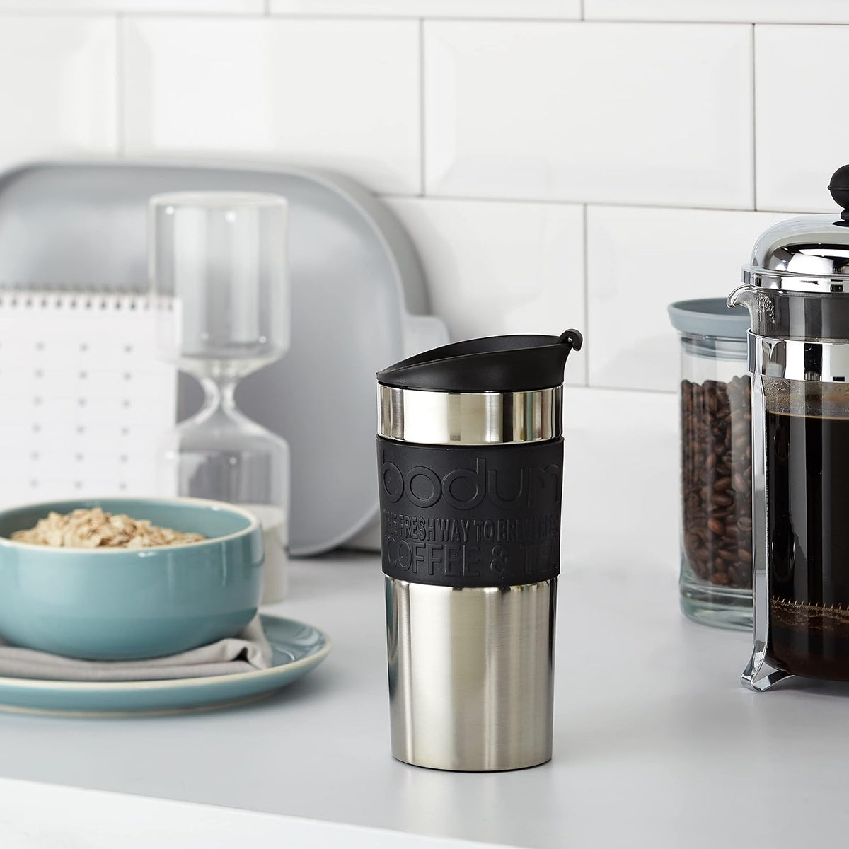 Bodum Travel Mug Vacuum Insulated Travel Cup, 350ml / 12oz Double-Wall Stainless-Steel Coffee Mug with Flip-Top Lid and Non-Slip Silicone Grip, Black, 11068-01