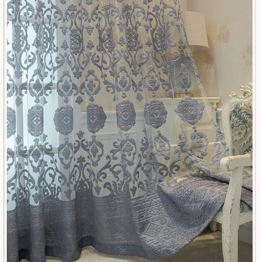 Amidoudou 1 Pair Luxury European Sheer Curtains Hollow Embroidered Tulle Curtains for Bedroom Living Room (Gray,63x90 Inch)